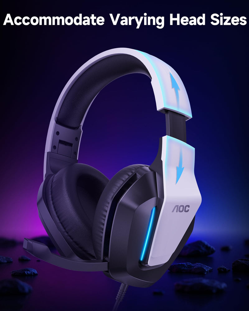 AOC Xbox Gaming Headset with Microphone, Wired Surround Sound Headphones for Xbox Series X|S, PS5, PC, Switch, Noise Canceling Over-Ear Gaming Mic, 50mm Drivers, 3.5mm Jack, White