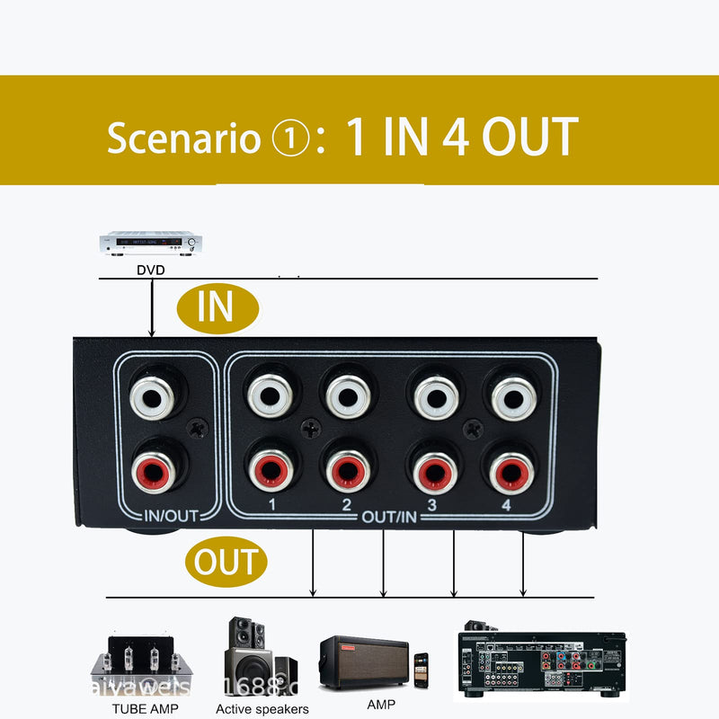[AUSTRALIA] - No External Power No Noise 4 Way 1 in 4 Out or 4 in 1 Out Audio Sound selector RCA Female Stereo 4 Channel Splitter switcher Box Switching AL-4way-rca 