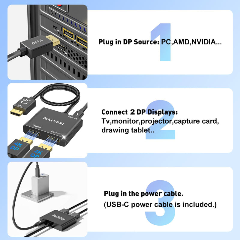 4K@60Hz DisplayPort to Dual DisplayPort Splitter for Dual Monitors Adapter | DisplayPort Mst Hub, DP 1.4 to Dual DP Adapter 1 in 2 Out Extended Display Port Splitter for PC, NVIDIA, AMD Graphics Card 4k DP to dual DP adapter