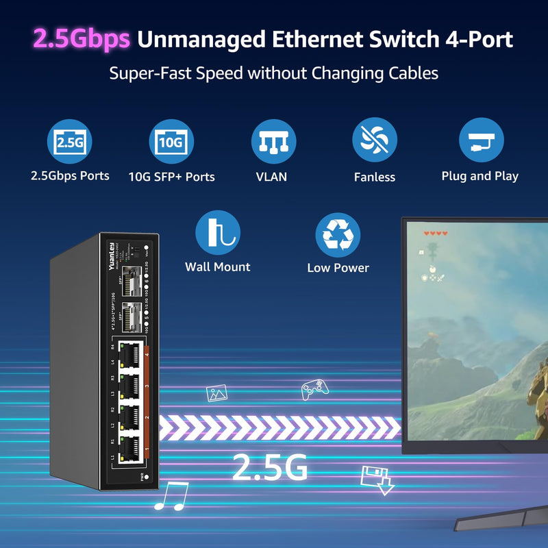 6 Port 2.5G Unmanaged Ethernet Switch, 4 x 2.5G Base-T Ports, 2 x 10G SFP, Compatible with 100/1000/2500Mbps, VLAN, Fanless, Desktop/Wall Mount YuanLey 2.5Gbe Network Switch for Wireless AP, NAS, PC Black 6 Port | 4x2.5G +2x10G SFP