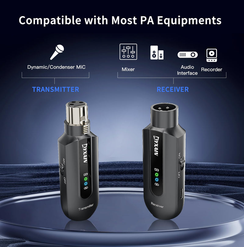 Wireless Microphone Transmitter Receiver 2.4GHz, Wireless Microphone Adapter Rechargeable XLR Transmitter Receiver for Mixer PA Speaker DSLR Camera, 48V Phantom Power for Condenser Mic Black