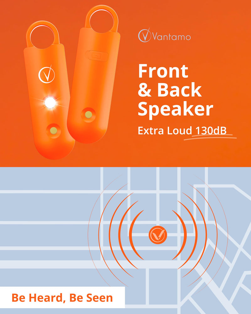Vantamo Personal Alarm for Women - Extra Loud Double Speakers, First with Low Battery Notice with Strobe Light, Rechargeable - Safety Alarm Keychain (Tangerine) Tangerine