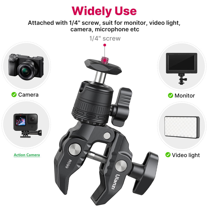 ULANZI R099 Super Clamp Camera Mount Clamp with 360° Ballhead, Bike/Bicycle/Motorcycle Handlebar Mount for Insta360/GoPro/AKASO/DJI Osmo Action Cameras, DSLR/Cameras/Lights Pole Tube Mount