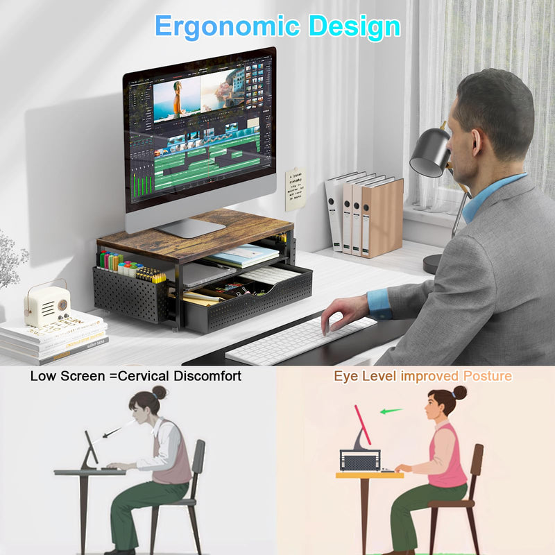 gianotter 4-Tier Paper Letter Tray + Monitor Stand with Storage (Black)