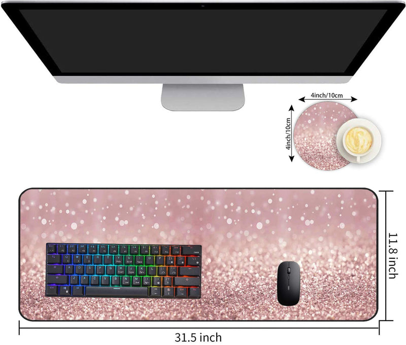 Extended Gaming Mouse Pad and Coaster, Large Non-Slip Rubber Base Mousepad with Stitched Edges, Waterproof Mouse Mat Desk Pad for Work, Game, Office, Home -Rose Gold Rainbow Glitter Ya-mousepad-5-33