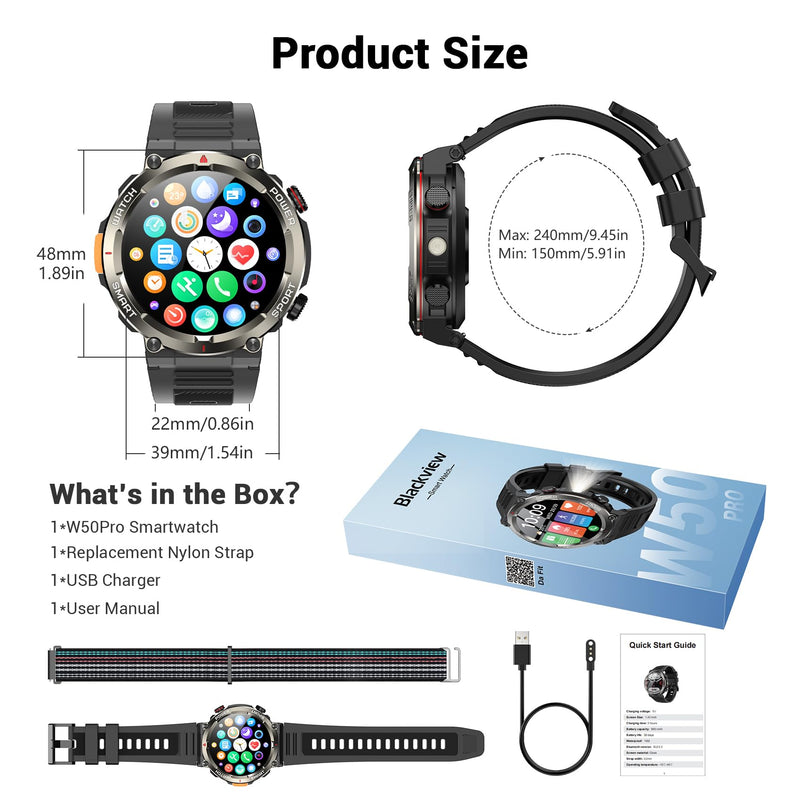 Military Smart Watch for Men(Answer/Make Calls),Outdoor Smartwatch with 100 Days Battery/Flashlight/Compass/Heart Rate/SpO2/Sleep Monitor/2 Straps, Rugged Fitness Watch for iPhone/Android Phones W50Pro-Black