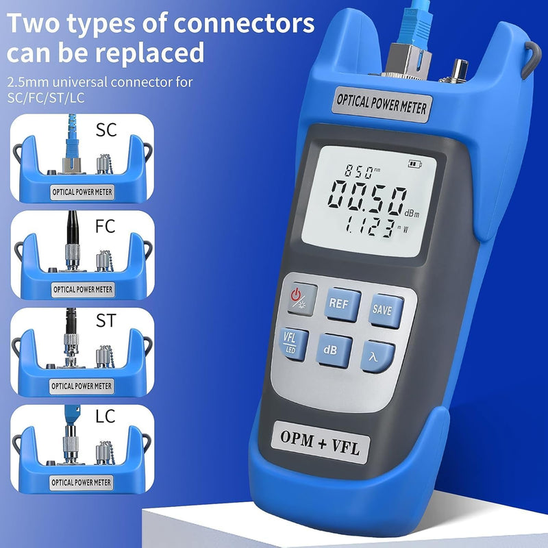 Rechargeable Optical Power Meter A-C510B (-50~+26dBm) Fiber Optic Tester, Optical Power 15 All-in-one Machine, Suitable for SC/FC/ST/LC 2.5mm/1.25mm Interface, with 1 9/125um FC-LC Adapter OPM-VFL15KM