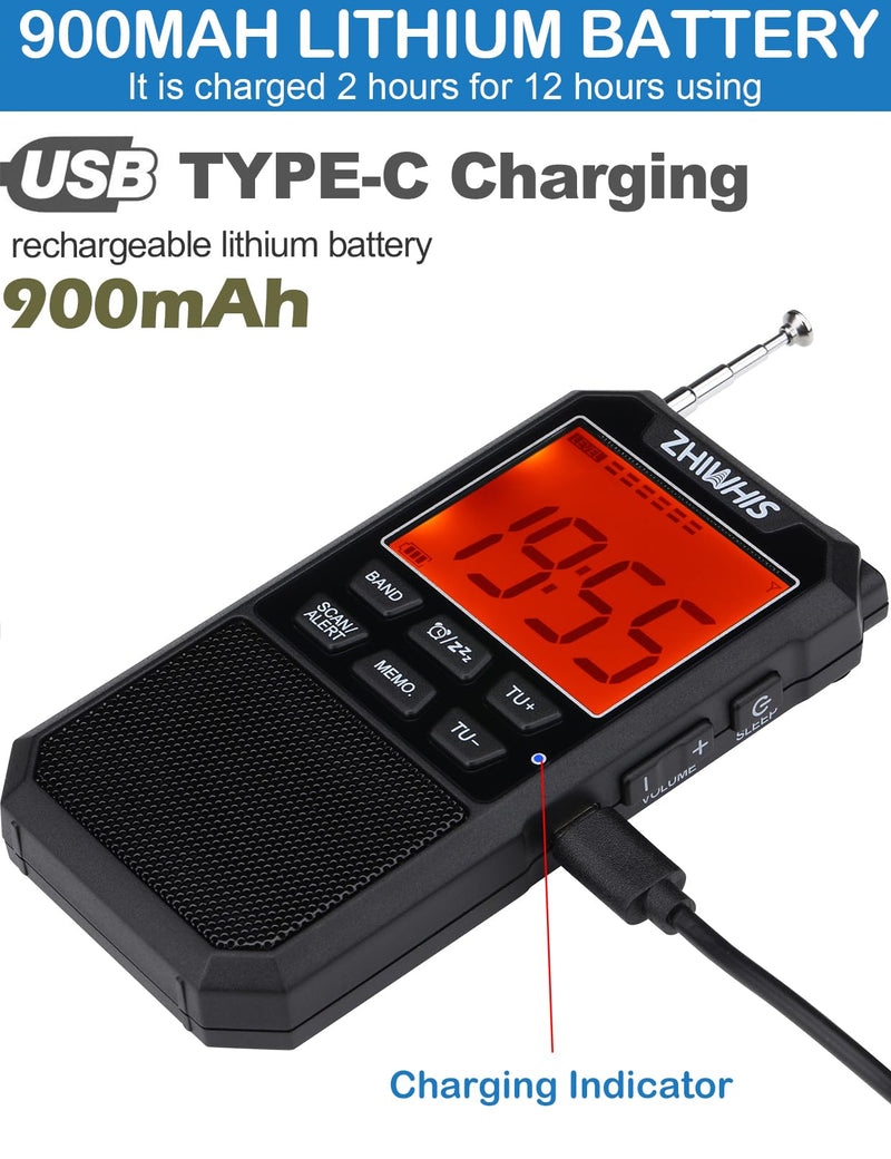 [AUSTRALIA] - ZHIWHIS Portable Radio, AM FM Stereo SW NOAA Weather VHF Receiver with Alerts, Rechargeable DSP Pocket Radios with 9.85Ft Wire Antenna, 900mAh/396Presets/Alarm Clock/Sleep Timer for Walking ZWS-878 