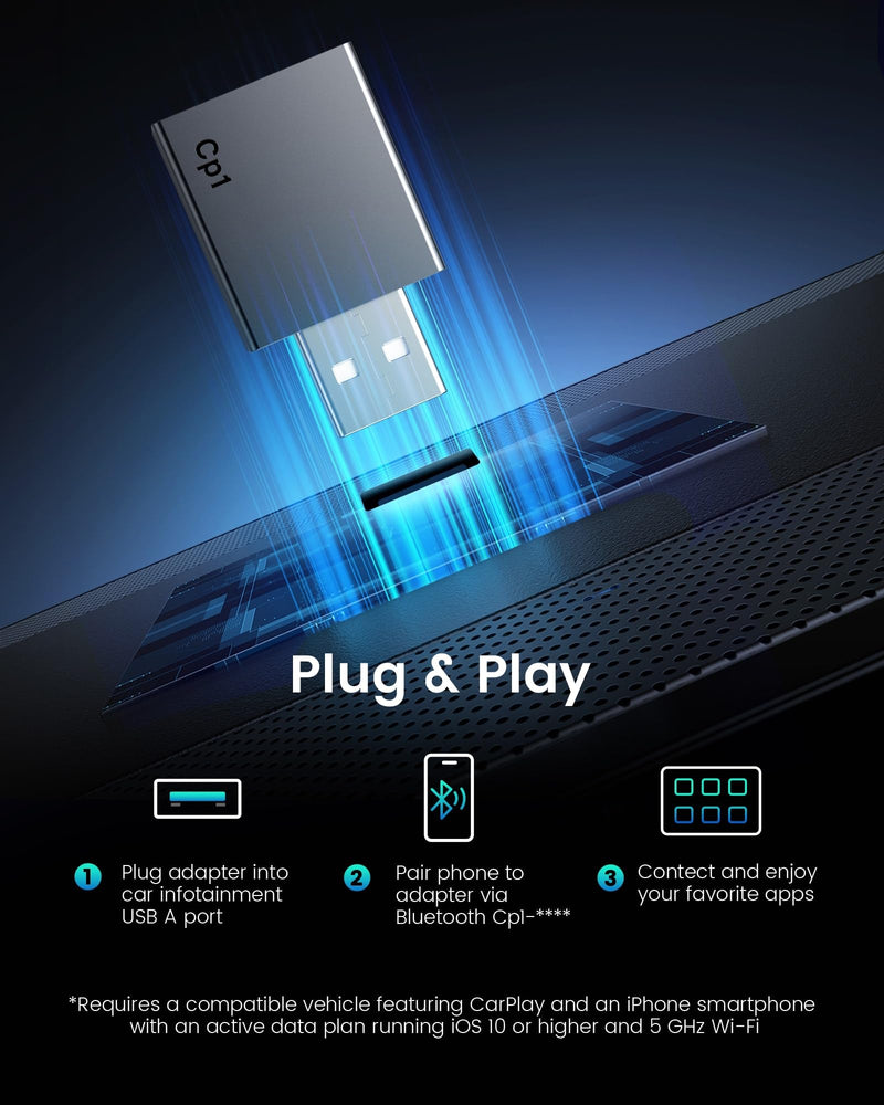 [AUSTRALIA] - Wireless Carplay Adapter for iPhone - Plug & Play Convert Wired to Wireless CarPlay for Cars from 2016 and iOS 10+, No Latency Mini USB Type A Black 