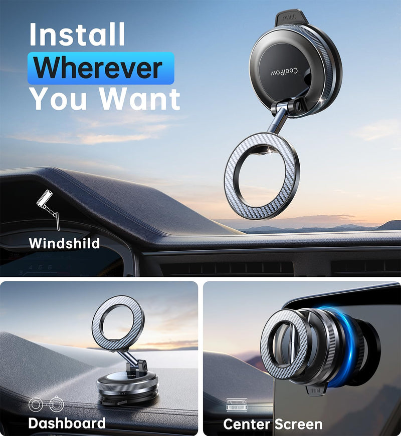 Coolpow for MagSafe Car Mount [Strongest Magnet] Magnetic Phone Holders for Your Car [Adhesive-Free] Suction Phone Mount for Car Phone Holder Mount Dash for iPhone 17 Pro Max 16 15 14 13,Carbon Black Carbon Black