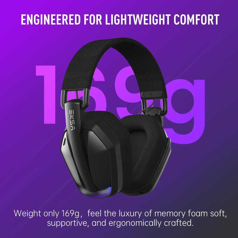 EKSA 2.4GHz Wireless Gaming Headset for PS5/PS4, PC, Switch, Mac, Bluetooth 5.4 Gaming Headphones with Noise Cancelling Microphone, 169g Ultralight, RGB, Type-C, 35H Battery, Wired Computer Headphones Black