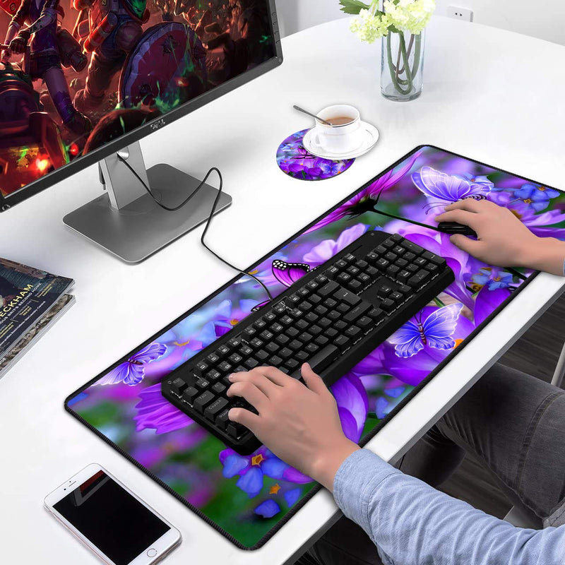 Luasao Desk Pad Mat Gaming Mouse Pads with Coasters, Stitched Edges Design Mouse Pad XXL Large Mouse Pad for Laptop Computers Purple Flowers and Butterflies Desk Writing Mat for Office & Home