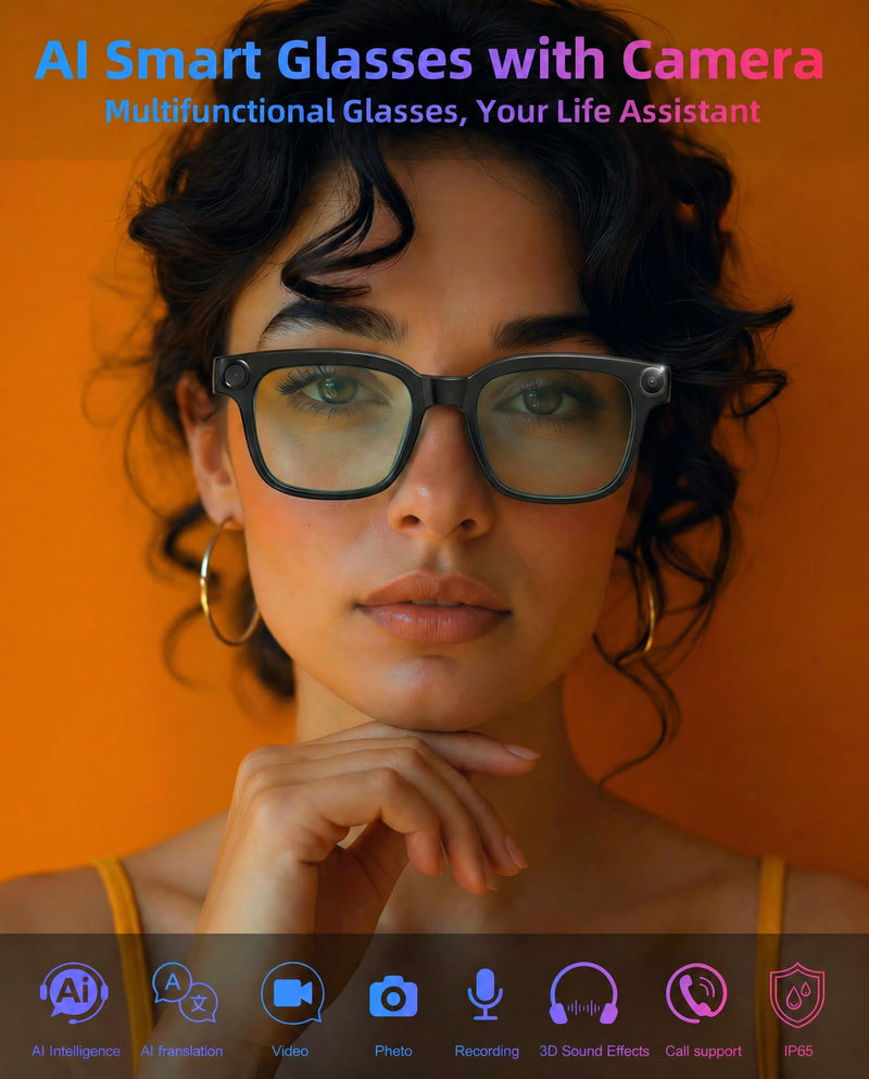 AI Smart Glasses With Camera, 1080P Video HD for Travel, Meetings & Vlog | 8MP Camera Glasses, AI Voice, Real-Time Translation, Photochromic Lenses, IP65, Bluetooth Audio