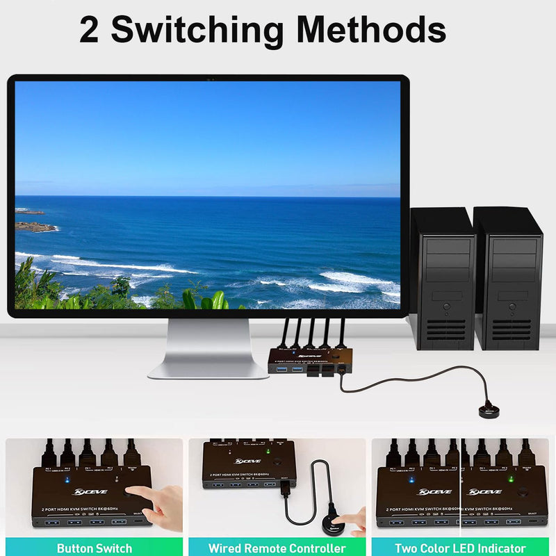 KCEVE HDMI2.1 KVM Switch 2 Computer 1 Monitor 8K@60Hz | KVM Switch HDMI 2 Port with 3 USB3.0, Wired Remote and Power Adapter (8K HD 2 in 1 Out KVM) Black 11cm 8K HDMI 2 in 1 Out KVM