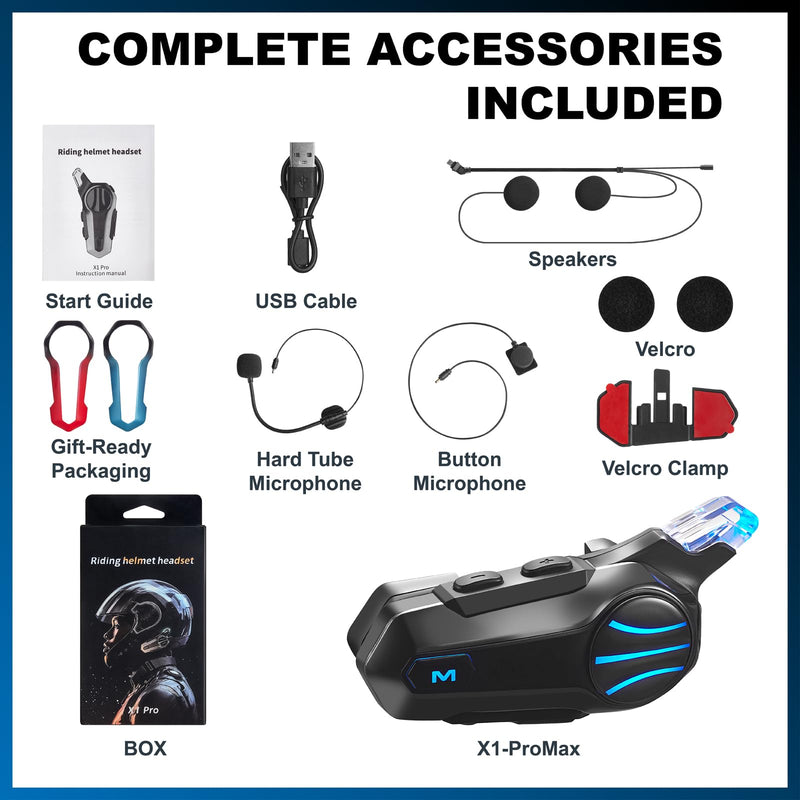 Motorcycle Helmet Bluetooth Headset - V5.4 Motorcycle Communication System | 2-Way Helmet Intercom, Helmet Speakers & Mics CVC/DSP Noise Cancellation, IP67 Waterproof, Hands-Free Call Music Black Body with Colorful Lighting