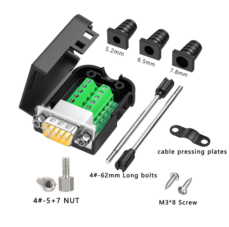 Connector DB9 Serial Adapters D-SUB 9-pin RS232 RS485 Adapter to Terminal Connector Signal Module with Bolts Nuts and Screwdriver (1PCS Male+1PCS Female) Male+Female (bolts and nuts)