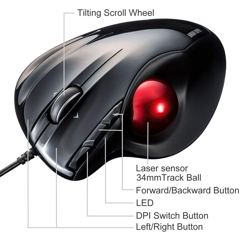SANWA Wired Ergonomic Trackball Mouse, Computer Rollerball Mice, Laser Sensor, 34mm Trackball, 400/800/1200/1600 Adjustable DPI, 5 Buttons, Compatible with MacBook, Laptop, Windows, macOS, Chrome OS