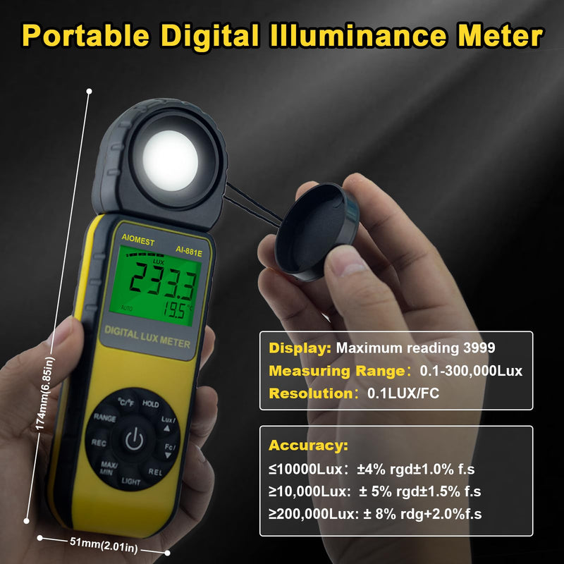 AIOMEST AI-881E Digital Light Meter, Handheld Foot Candle Meter for 0.1~300,000 Lux, Light Meter for LED Plant Grow Light, Indoor Outdoor Lights, Par Meter with 270°Rotatable Detector AI-881E (0.1~300,000Lux)
