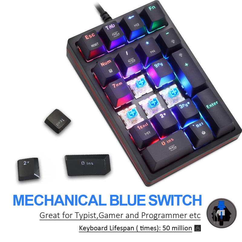 Motospeed Macro Mechanical Numeric Keypad USB Wired 21 Keys Mini Numpad Portable Keypad RGB Backlight Gaming Keypad Extended Layout for Cashier(Fully Programmable Keys) Blue Switch