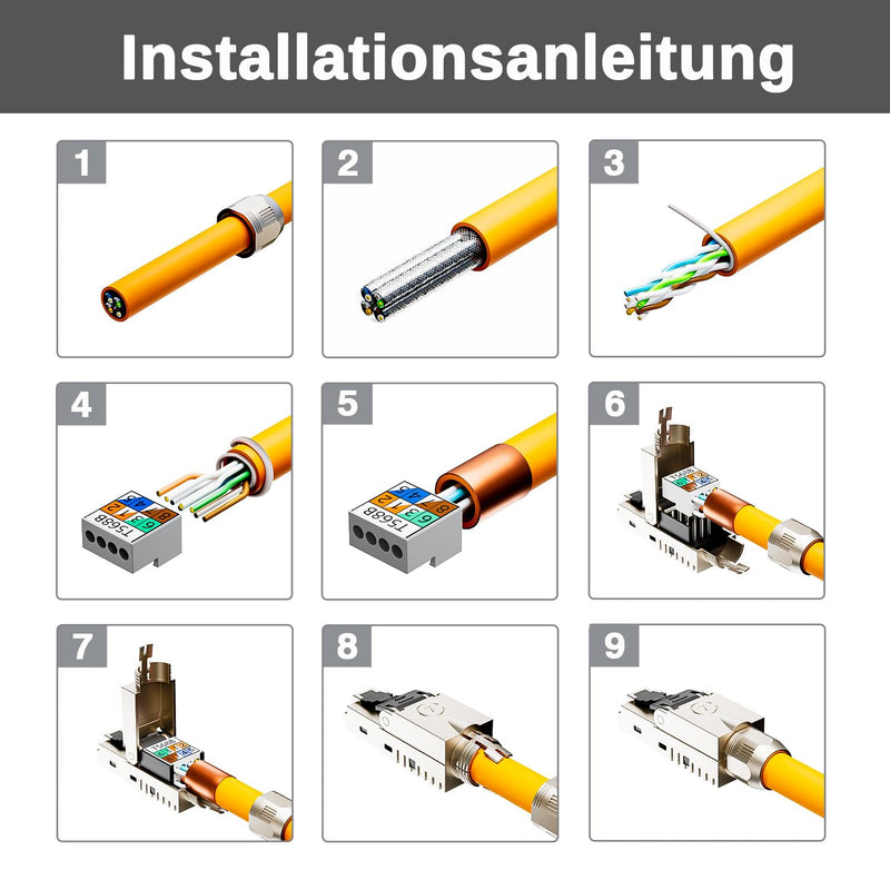 FGB 10 Gbps RJ45 CAT7 Network Plug Lan Connector LSA Shielded RJ45 Connector Toolless for Installation Cable 600 MHz for Patch Cable Installation Cable CAT7 CAT6A, Pack of 4 4 Stück