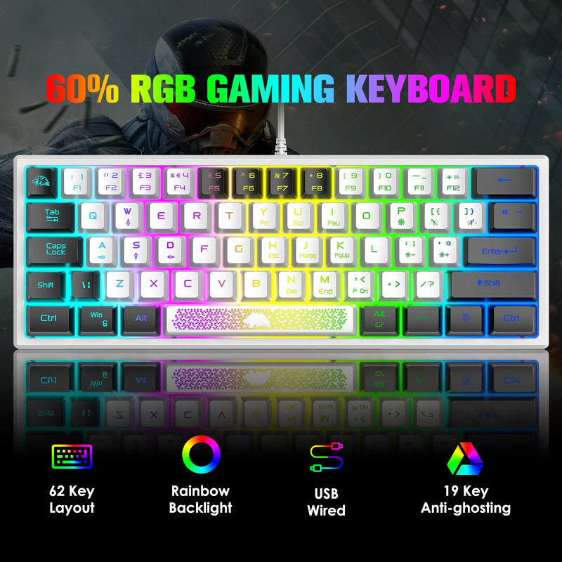 ZIYOU LANG K61 60% Gaming Keyboard Mini Portable with Rainbow RGB Backlit Compact Ergonomic 62Key Layout Anti-ghosting Mechanical Waterproof Wired for PC Mac Windows Gamer Laptop Typists(White+Black) White+Black