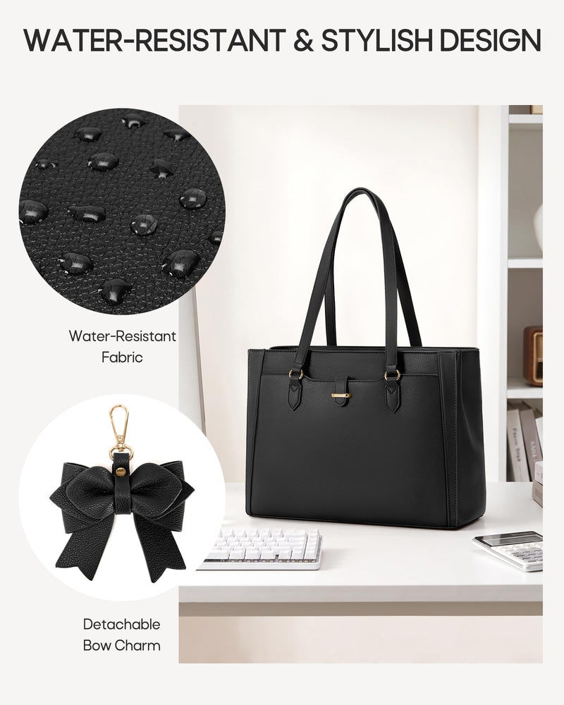 RAINSMORE 15.6" Laptop Tote Bag for Women, Black | Large Capacity Work Bag, Water-Resistant Soft PU Leather, 15.6 Inch Computer Briefcase Handbag for Office College Teacher