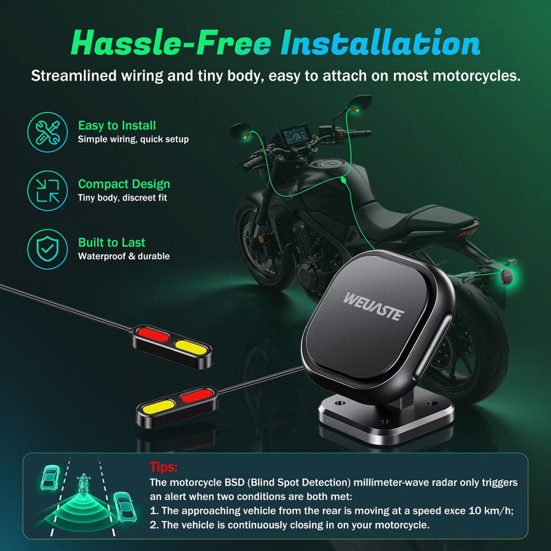 BSD01 Motorcycle BSD Blind Spot Detection System, 24GHz Millimeter-Wave Radar, RCW Rear Collision Warning, IP67 Waterproof, All-Weather Safety Protection with LED Indicators Alert for All Moto Black Large