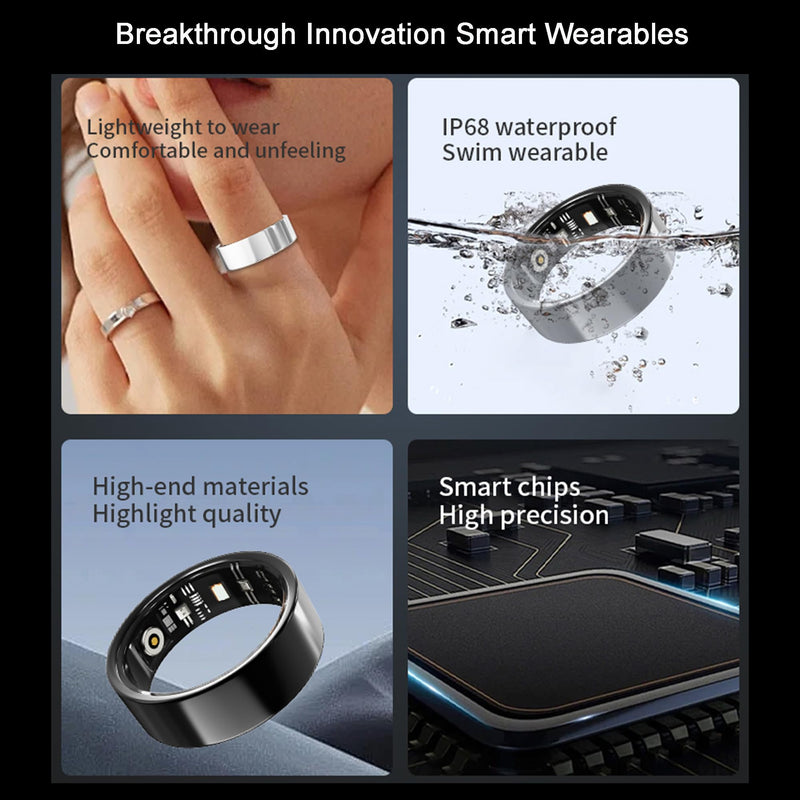 Smart Ring, No Subscription Fee, Heart Rate/Blood Oxygen/Sleep Monitor, Pedometer,IP68 Waterproof Fitness Tracker for iPhone &Android Black 9