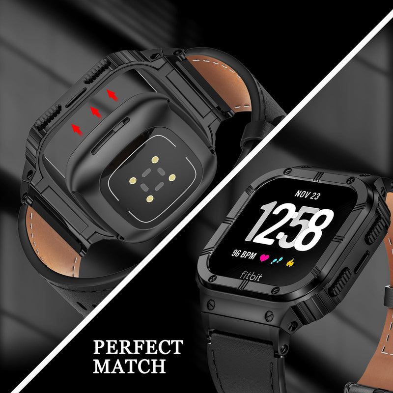 BAITEYOU Leather Bands with Stainless Steel Case Compatible with Fitbit Versa 1 2 3 4 Lite Sense 2 1 Protective case for men Black/Black Case