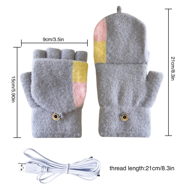 Women's & Men's USB Heated Gloves Mitten Full & Half Fingerless Winter Hands Warmer Laptop Gloves Colorful Grey