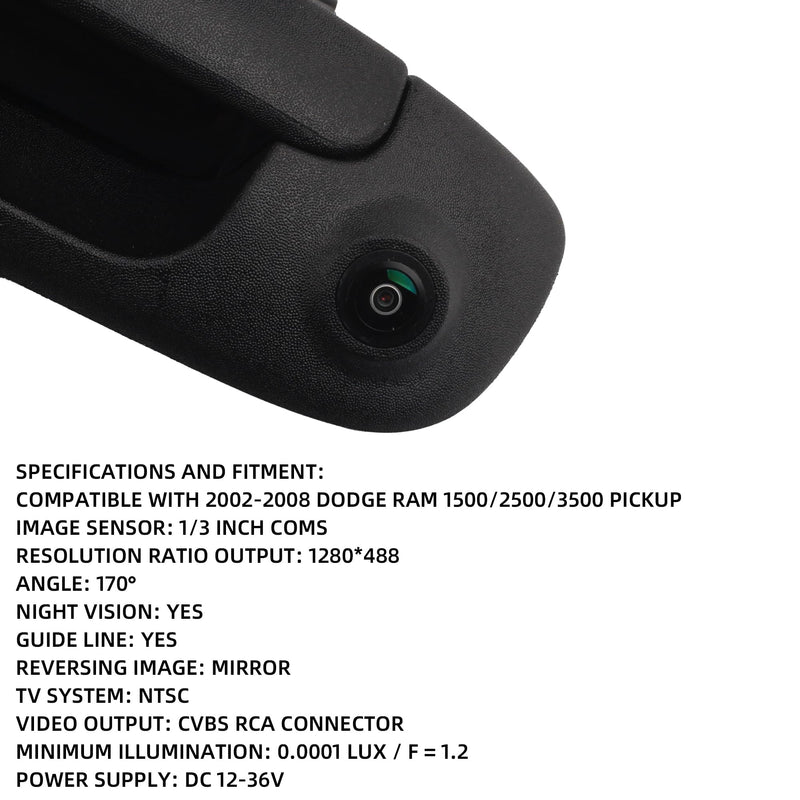 Dasbecan Tailgate Handle Backup Camera Compatible with 2002-2008 Dodge Ram | for Ram 1500 2500 3500 Back up Rear View Reverse Camera Night Vision w/Extension Harness (RCA Connector)