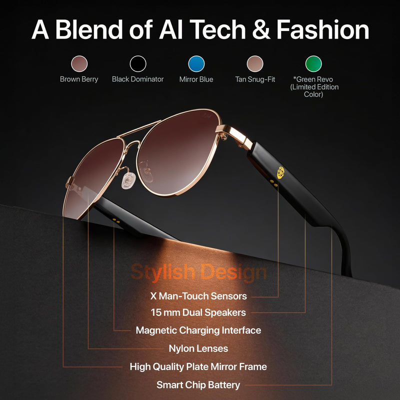 XR Loud™ Bluetooth Aviator Sunglasses for Men Women, Polarized UV400 Smart Audio Glasses with Open-Ear Speakers, Microphone, Touch Control, Voice Assistant, 120Hr SB, Privacy, AI Compatible Brown Brown Berry