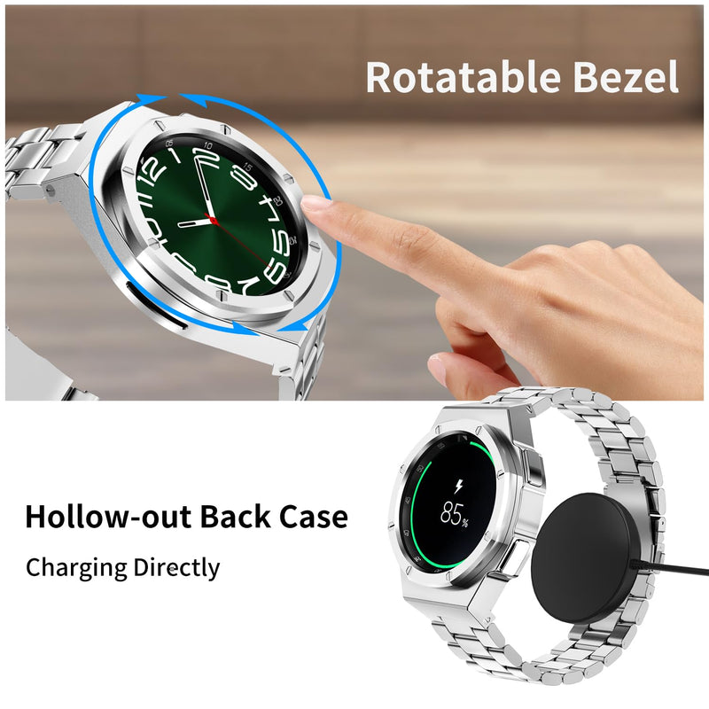 Luxury Case Designed for Samsung Galaxy Watch 6 Classic 47mm 2023, Rugged Military Protective Metal Bumper Case with Tactical Stainless Steel Band for Men, Silver 47mm for Watch 6 Classic