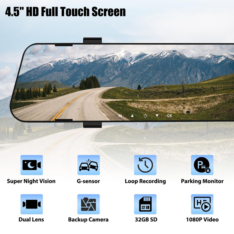 Mirror Dash Cam for Cars,4.5" Rear View Mirror 1080P Front and Rear View Dual Cameras,Super Night Vision,Parking Assistance,G-Sensor,24H Parking Monitor, Waterproof Backup Camera Free 32GB Card 4.5 Inch+32GB SD Card