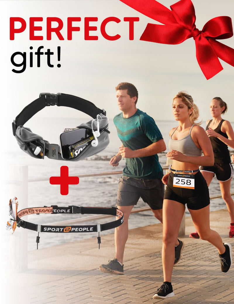 Running Belt for Women and Men, Reflective Phone Holder, No Bounce Running Fanny Pack, Waist band, Fitness Storage Belt, Reflective Runners belt, Money belt (Grey Steel + Race belt Set) Grey Steel + Race belt Set