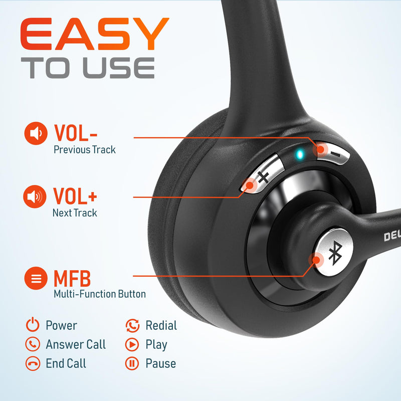 Delton Wireless Computer Headset with USB Dongle and Hook | Bluetooth Headset with Noise Canceling Mic, 15 Hrs talk time, For Computer, Cell Phone, Drivers, Office, Call Center - Black