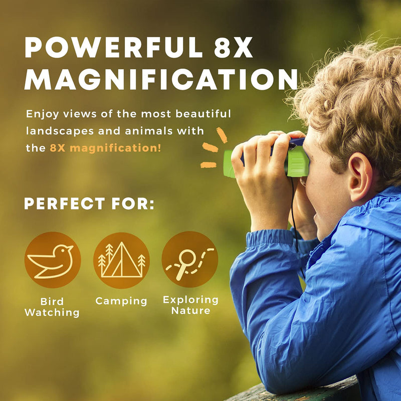[AUSTRALIA] - Binoculars for Kids – Perfect Toy for Little Boys and Girls – Extensive Set Incl. Magnifying Glass & Compass – Powerful Magnification 8X21 – 3 to 12 Year Old Kids for Toddler Green 