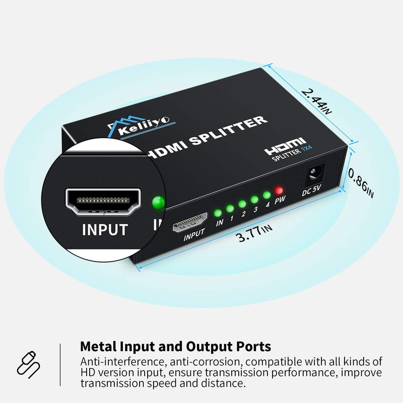 HDMI Splitter 1 in 4 Out V1.4b Powered HDMI Video Splitter with AC Adaptor Duplicate/Mirror Screen Monitor Supports Ultra HD 1080P 2K x4K@30Hz and 3D Resolutions (1 Input to 4 Outputs)