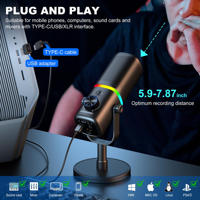 Aokeo Microphone for PC, AK-10 USB/XLR Dynamic Desktop Microphone for Gaming,Podcast,Streaming with RGB Light,Volume Control,Mute Button,Noise Reduction(White) AK-10white