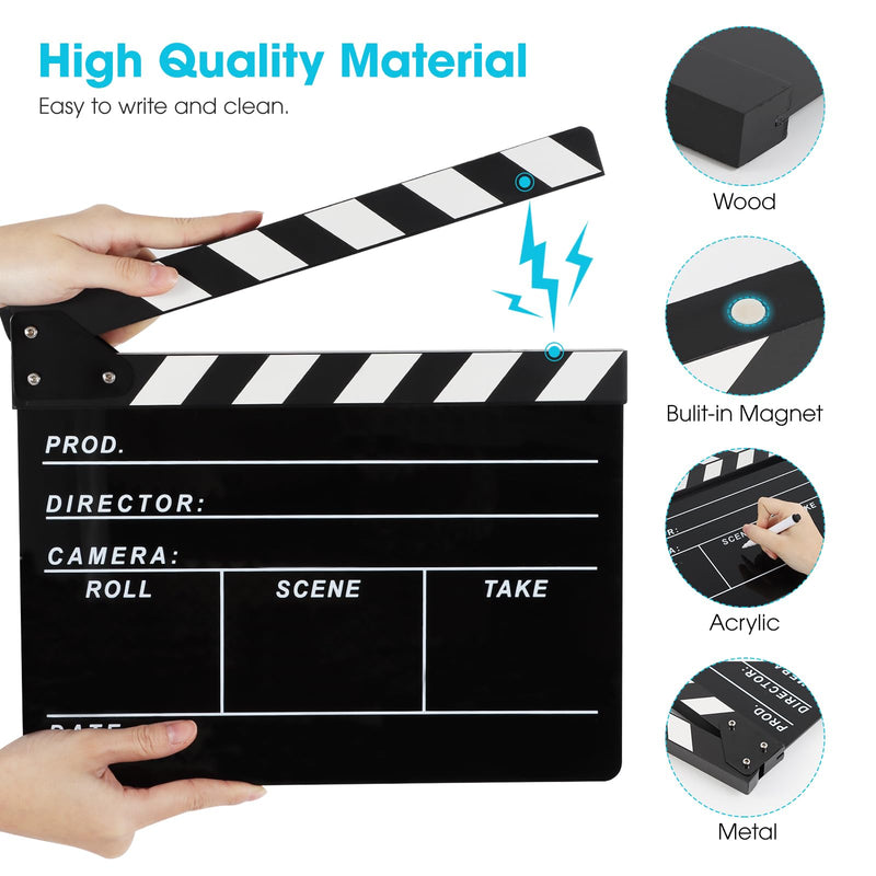 Directors Clapboard for Film, Hollywood Slate Move Photography Video TV Cut Action Scene Acrylic Clapper Board with a Magnetic Blackboard Eraser, Two Custom Pens, Cleaning Cloth and Hex Wrench