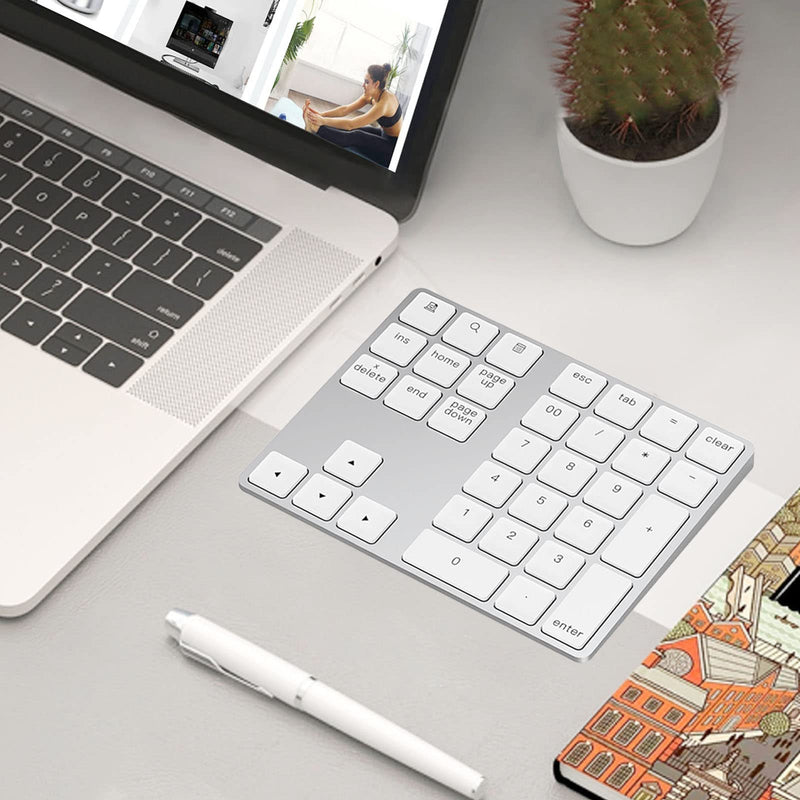 Bluetooth Number Pad, Lekvey Aluminum Rechargeable Wireless Numeric Keypad Slim 34-Keys External Numpad Keyboard Data Entry for Laptop, MacBook, MacBook Air/Pro, iMac, Windows, Surface Pro - Silver White and Silver