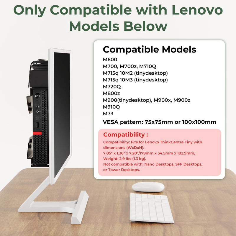 4-in-1 Mini PC VESA Mount for Lenovo ThinkCentre M600 M700 M710Q M715Q M720Q M73 M75Q M800Z M900 M910Q, Under Desk and Wall Mount & Attach to Monitor Arm Mount with Cable Straps for Ultra-Clean Setup