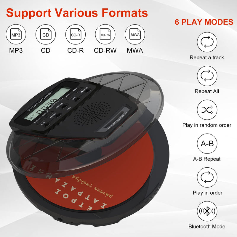 Rechargeable CD Player Portable with Bluetooth,Compact Anti-Skip Shockproof Walkman CD Player with Earphone, Stereo Speakers&LCD Display for Car/Home/Travel (AUX Output)