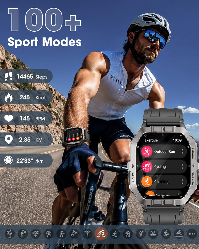 Military Smart Watches Built-in GPS, Bluetooth Call 2.02'' Smart Watches for Men, Heart Rate Monitor, Sleep Monitor, 2 ATM Waterproof, 100+ Sports Modes for Android iPhone grey Min:190mm Max:250mm