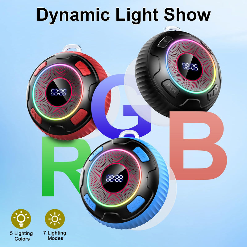 Hupoaf Bluetooth Shower Speaker, Bluetooth Speaker 5.3, 6D Sound, Portable Speaker with Suction Cup/Hook, IPX7 Waterproof, with LED Light/Time Display, for Outdoor/Party/Bathroom//Kayak/Gift Black