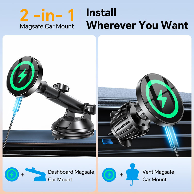 Kaistyle for Magsafe Car Mount Charger【Strongest Magnet】 Upgraded Wireless Car Charger Magnetic Phone Holders for Your Car Suction Cup Phone Mount for MagSafe Car Charger for iPhone 17 16 15 14 13 12