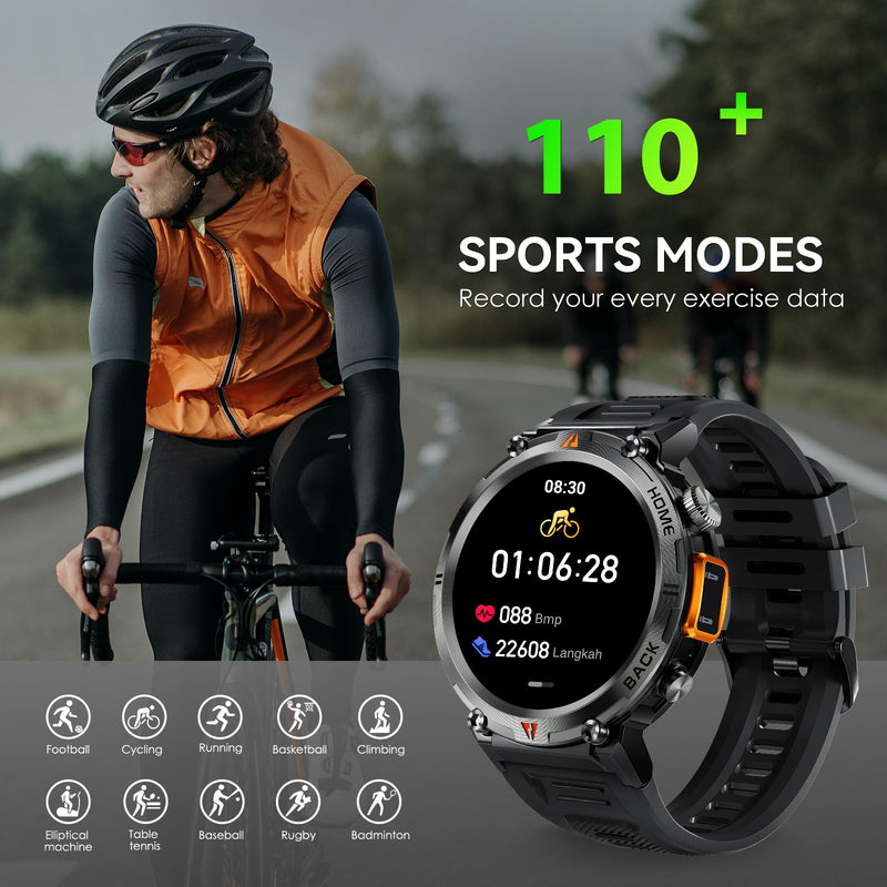Military Smart Watch for Men with LED Flashlight 1.45" HD Bluetooth Calling | Rugged Tactical Smartwatch, Outdoor Sports Fitness Tracker Watch with Heart Rate Sleep Monitor for iPhone Android Phone Black + Extra Stainless Steel Band