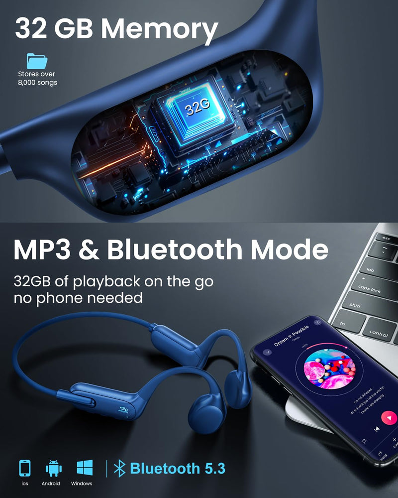 HIFI WALKER Waterproof Bone Conduction Headphones IPX8 for Swimming with 32GB MP3 Player, Bluetooth 5.3 Open-Ear Wireless Headphones for Running Cycling Gym - 8H Playtime & Fast Charging