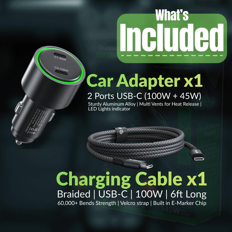 Esoulk145W USB C Car Charger Dual Port Cigarette Lighter Phone Charger | 145W fast dual USB-C car charger, includes 6ft 100W braided USB-C cable, charges 2 phones, tablets, or laptops.