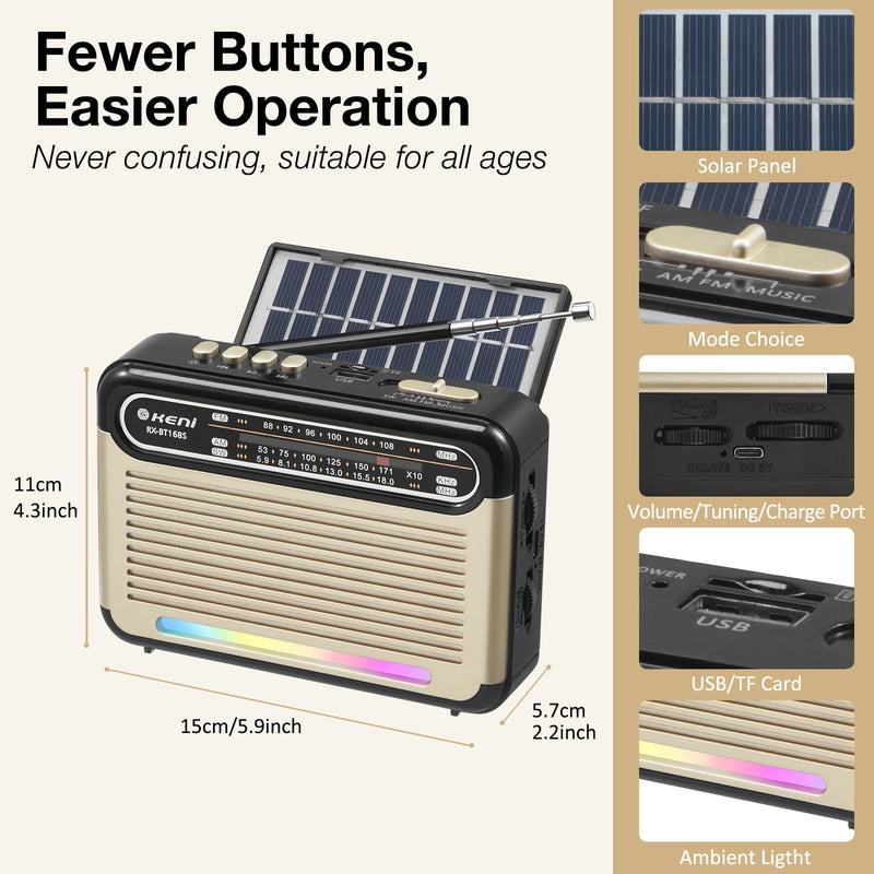 [AUSTRALIA] - G Keni Portable Solar Radio AM FM SW with Rechargeable Battery Operated, Shortwave Bluetooth Radio Strong Reception, USB/TF Card Input, Solar Panel, Big Speaker with Ambient Light (Golden&Black) Golden&Black 